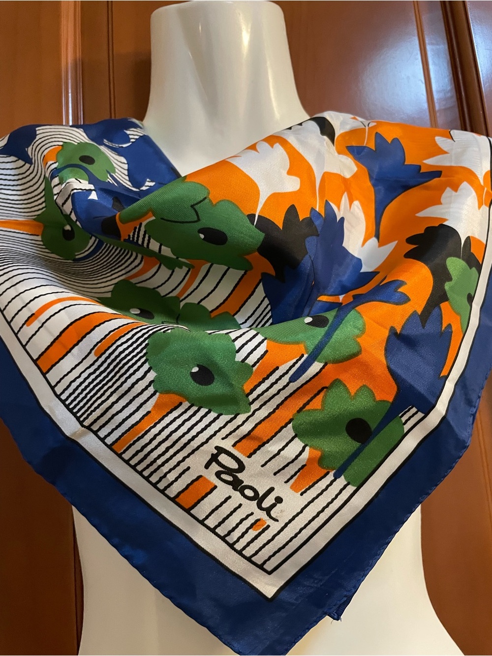 1960’s Paoli Signed Floral Japanese Acetate Scarf in Navy, Orange & Green